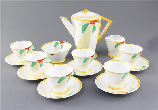 A Shelley Sunray pattern vogue shape sixteen piece coffee set, coffee pot height 17cm, one cup cracked